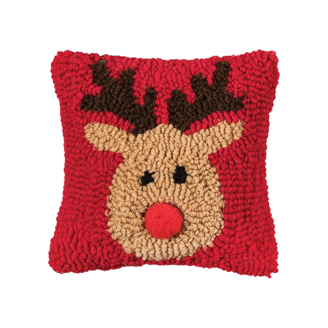 Reindeer Games Reindeer with Red Nose on Red Background Petite Accent Hooked Christmas Pillow